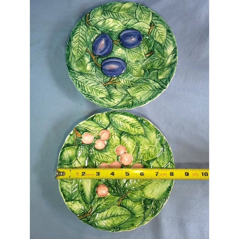 Italian Majolica Plates Cherries & Plum Hand Painted RARE 8''Raised Fruit VTG